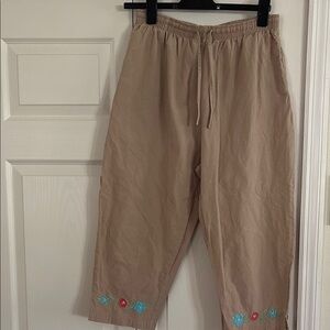 Embroidered Tan Cropped Pants, lightweight, elastic waist, 100% cotton,